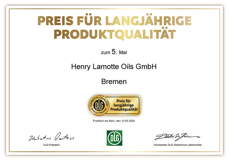 Henry Lamotte Oils wird zum 5. Mal mit dem DLG-Preis für langjährige Produktqualität ausgezeichnet.